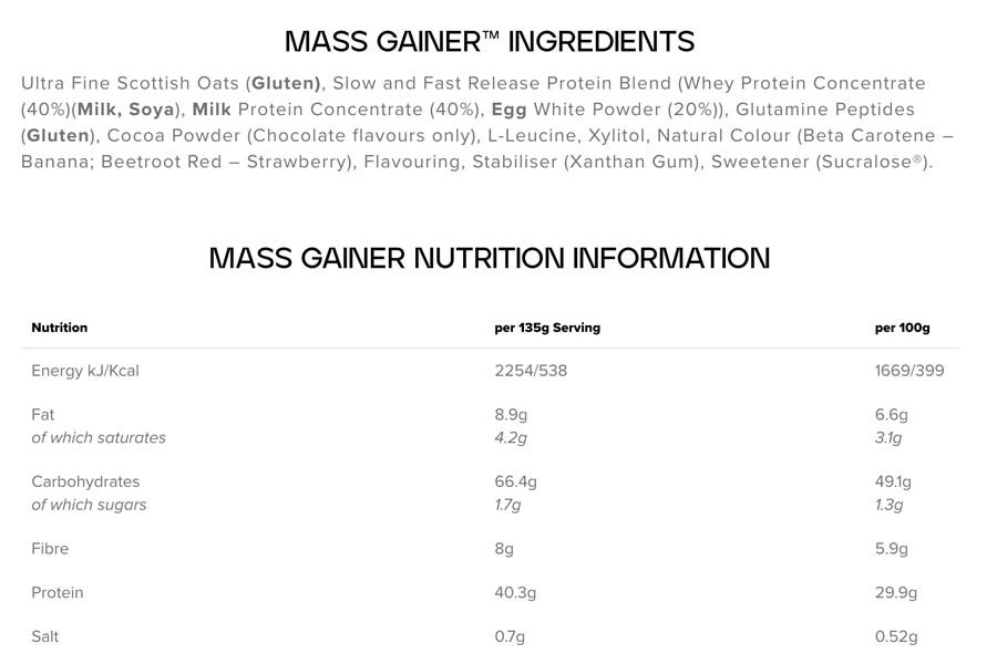 The Bulk Mass Gainer ingredients formula, as shown on Bulk.com at the time of writing