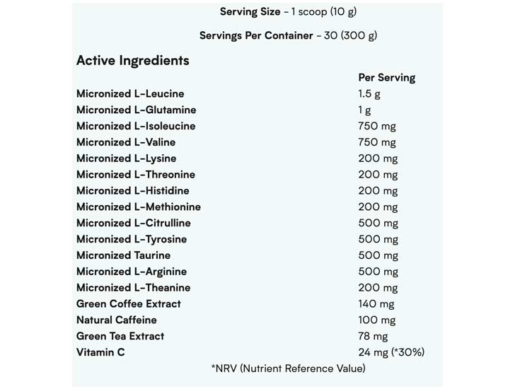 The Amino Boost ingredients formula, shown on the Myprotein website at the time of writing