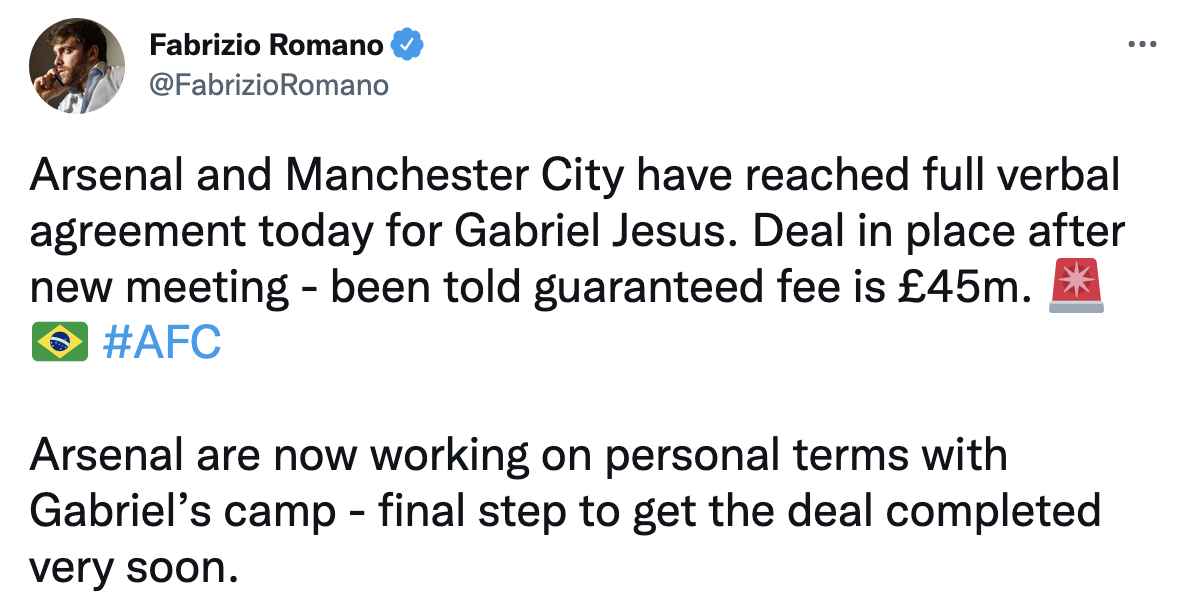 Romano Jesus Arsenal Transfer